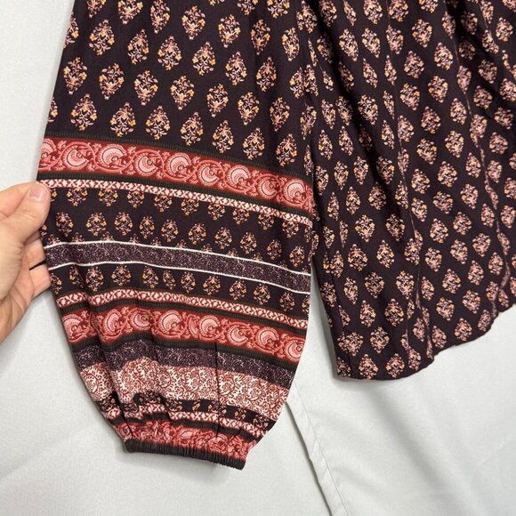 Old Navy Long Ballon Sleeve Smocked Brown Printed Poet Peasant Blouse Size Large - Picture 8 of 14